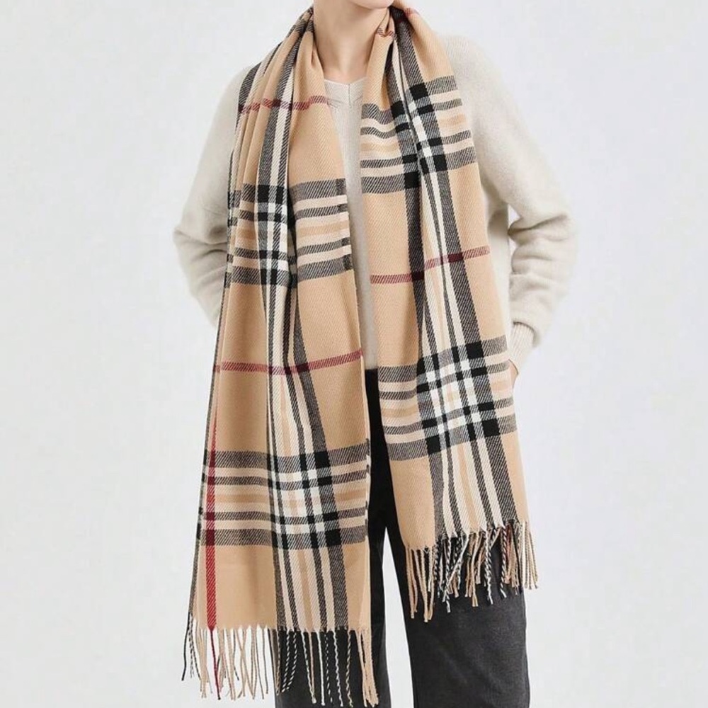 Plaid Beige and Black Scarf